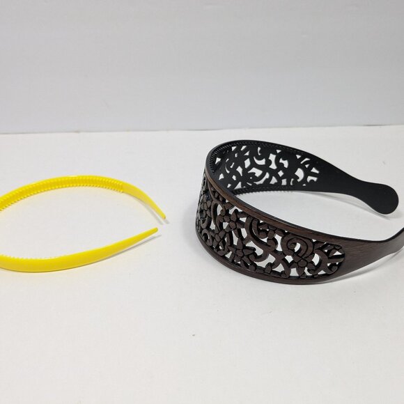 Set Hard Plastic Headbands Wide Cutout Design Brown Yellow Thin Kidcore Casual - Picture 6 of 9